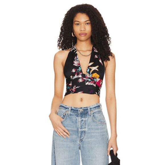 Free People Seraphina Cropped Halter Top Black Tropical Combo Small NWOT - Picture 1 of 9